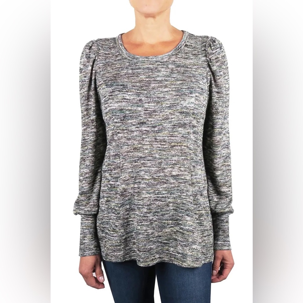 STATUS By Chenault Marled Knit Puffed Sleeve Pullover In Black/Teal XS
